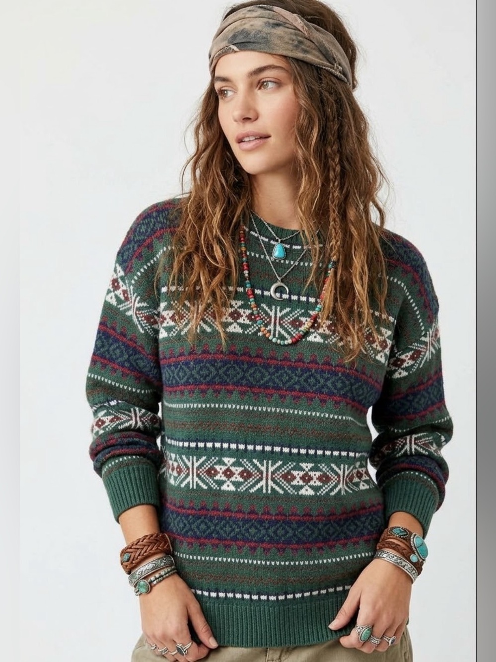 Vintage Cottagecore Forest Green Fair Isle Sweater Cozycore Goblincore Hobbit
